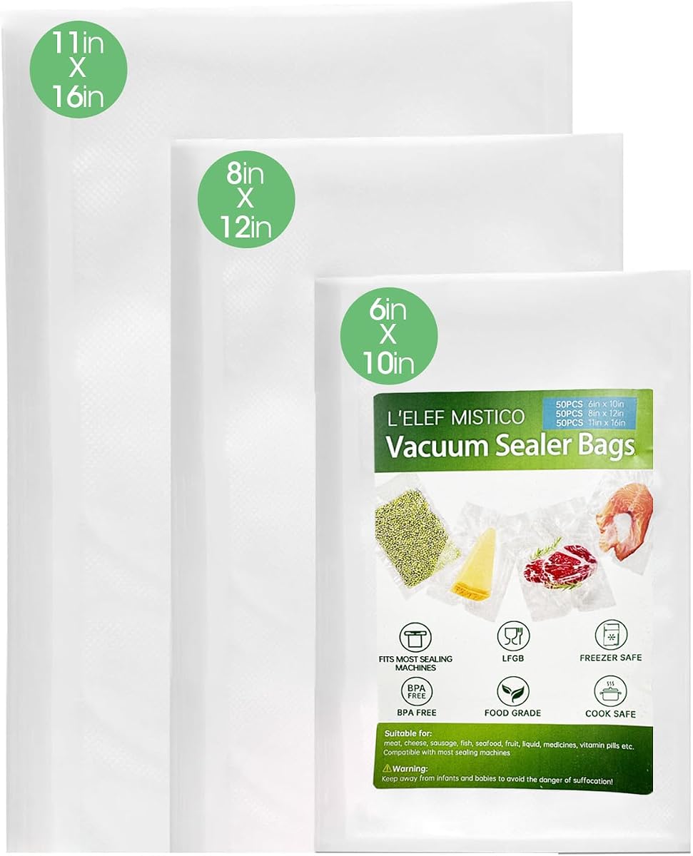L'ELEF MISTICO Precut Vacuum Sealer Bags for Food, 50 Gallon 11" x 16" & 50 Quart 8" x 12" & 50 Pint 6" x 10" BPA Free Food Saver, Vacuum Storage for Sous Vide and Freezer