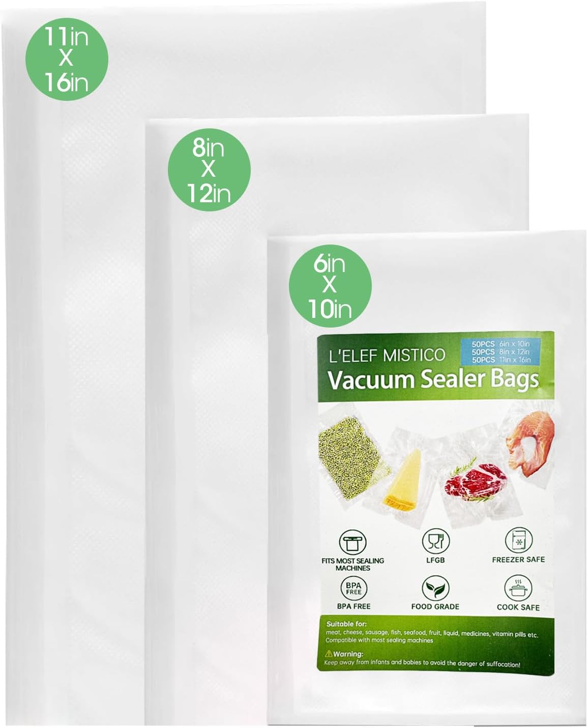 L'ELEF MISTICO Precut Vacuum Sealer Bags for Food, 50 Gallon 11" x 16" & 50 Quart 8" x 12" & 50 Pint 6" x 10" BPA Free Food Saver, Vacuum Storage for Sous Vide and Freezer 6"x10"+8"x12"+11"x16"(150 count)