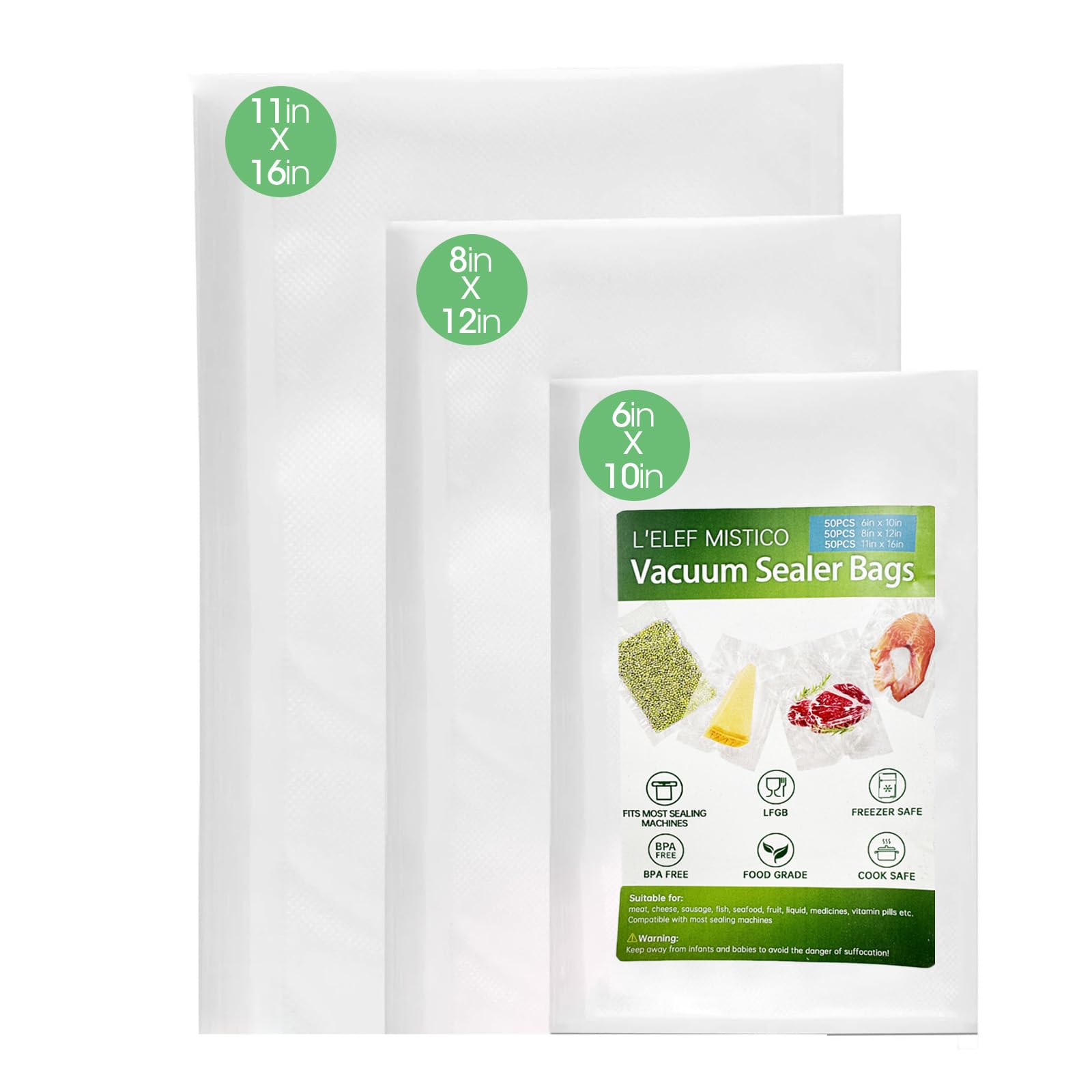 L'ELEF MISTICO Sacchetti sottovuoto per alimenti, 150 galloni pretagliati 27,9 x 40,6 cm, 20,3 x 30,5 cm e 15,2 x 25,4 cm, senza BPA, sacchetti sottovuoto per sottovuoto (15,2 x 25,4 cm + 20,3 x 20,3