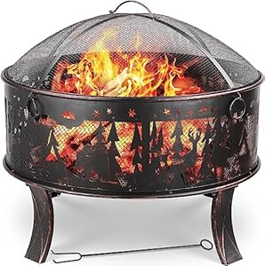 TLGREEN Feuerschalen, Feuerschale mit Funkenschutz, Feuerschale Garten Ø71x65cm, inkl. Poker & Kohlerost & 4 PCS Füße, Feuerkorb Retro-Look, Feuerstelle für Garten Camping Strand-Exquisites Elchmuster