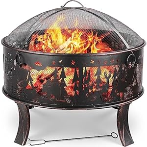 Feuerschalen, Feuerschale mit Funkenschutz, Feuerschale Garten Ø71x65cm, inkl. Poker & Kohlerost, Feuerkorb Retro-Look, Feuerstelle für Garten Camping Strand – Exquisites Elchmuster