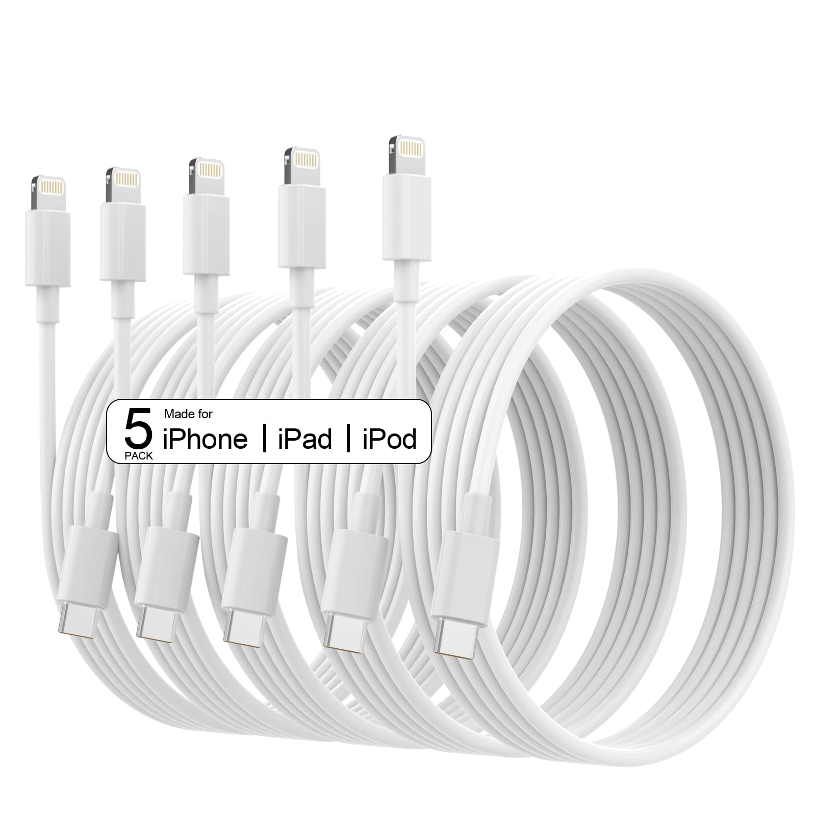 5 Pack 6FT USB C to Lightning Cable, [Apple MFi Certified] iPhone Charger Fast Charging Cord Durable Tangle-Free iPhone Charger Cord for iPhone 14/13/12/11/X/8/7/Plus, iPad, AirPods - White