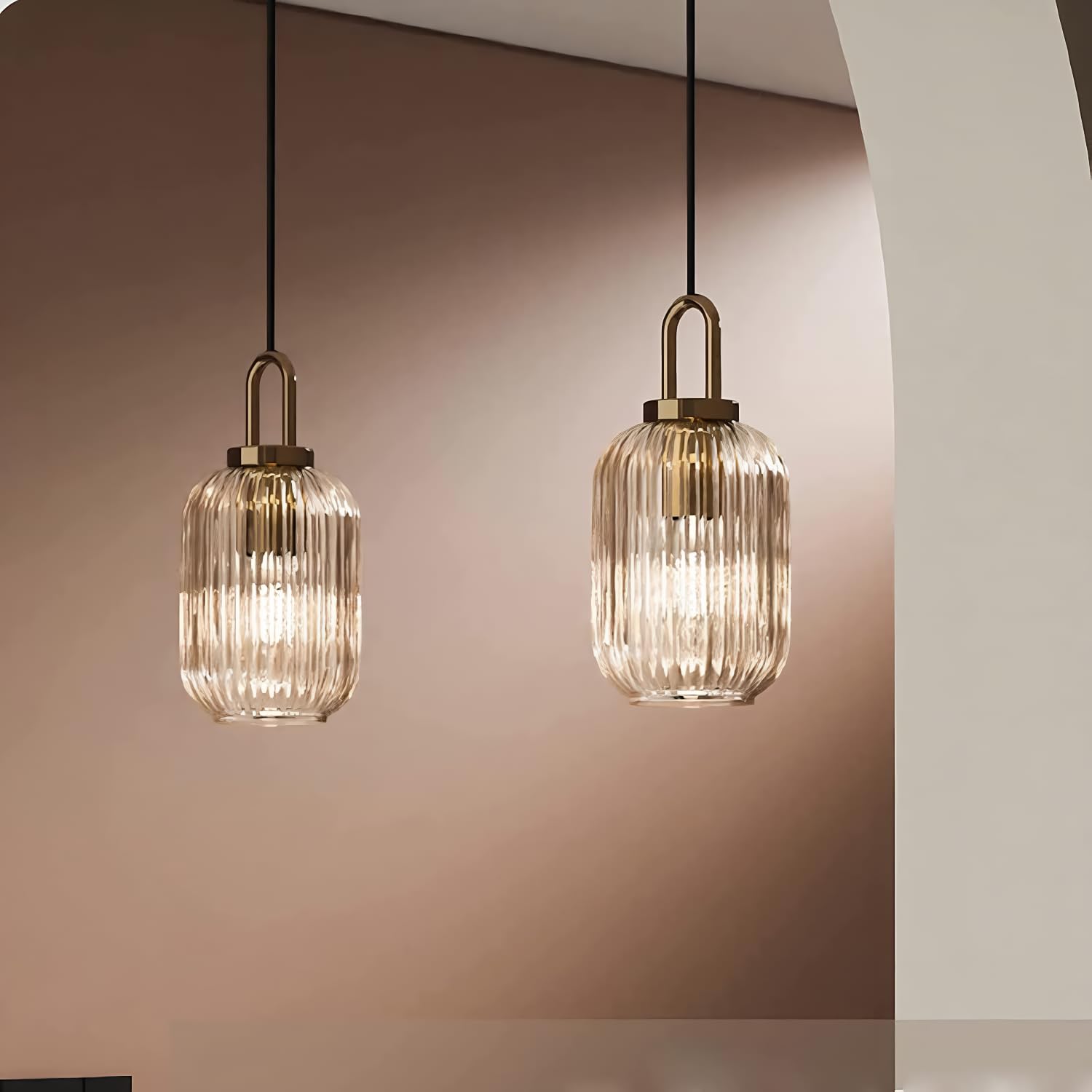 EKSED Lámpara colgante de vidrio transparente con acabado en oro bronce, lámpara colgante de luz de techo retro moderna para mesita de noche, mesa de comedor, isla de cocina (140 mm)