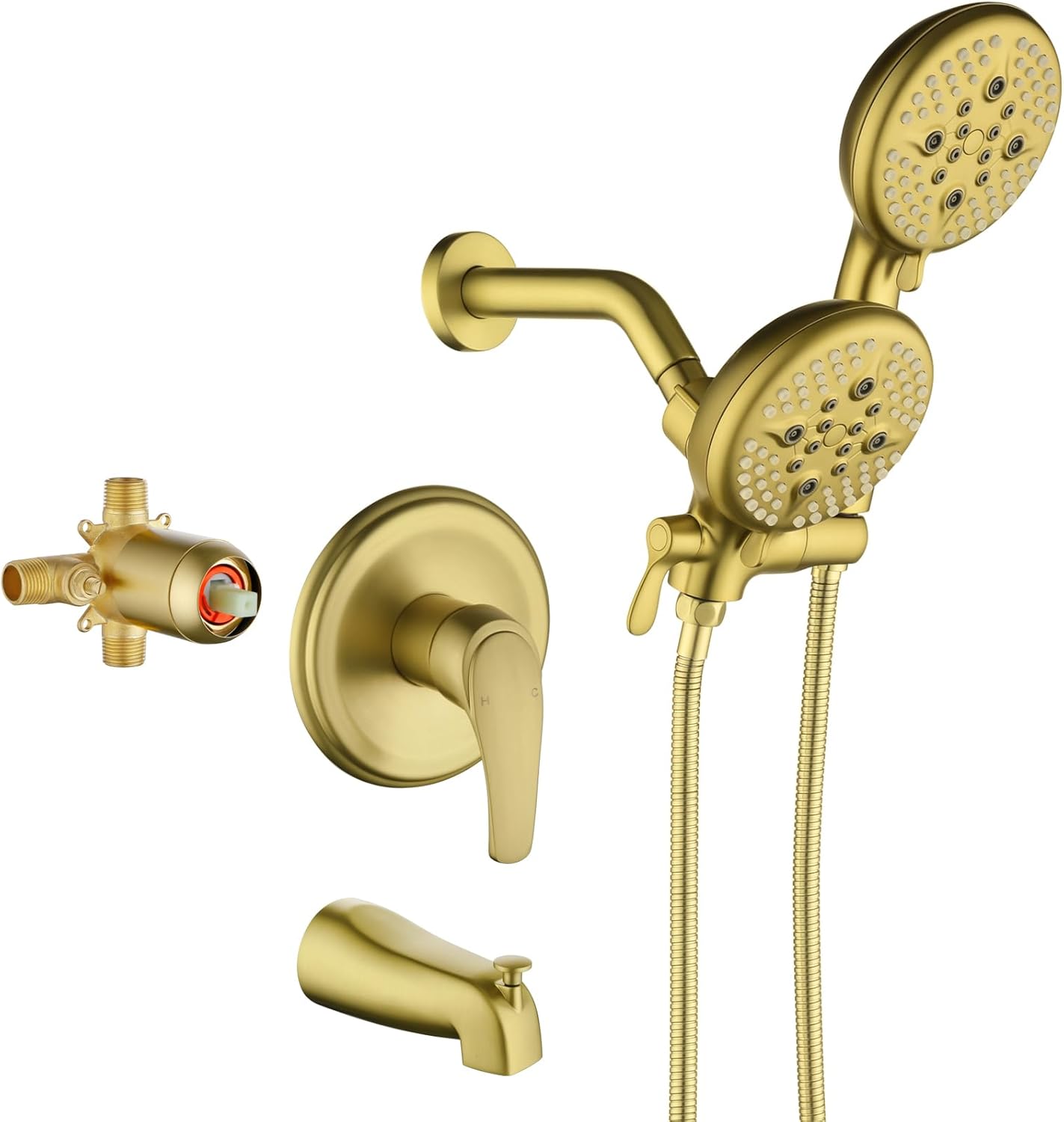 L829-3 Brushed Gold Shower Faucet Set - Complete Dual Shower Head & Handheld Combo, Tub Spout & Trim Kit