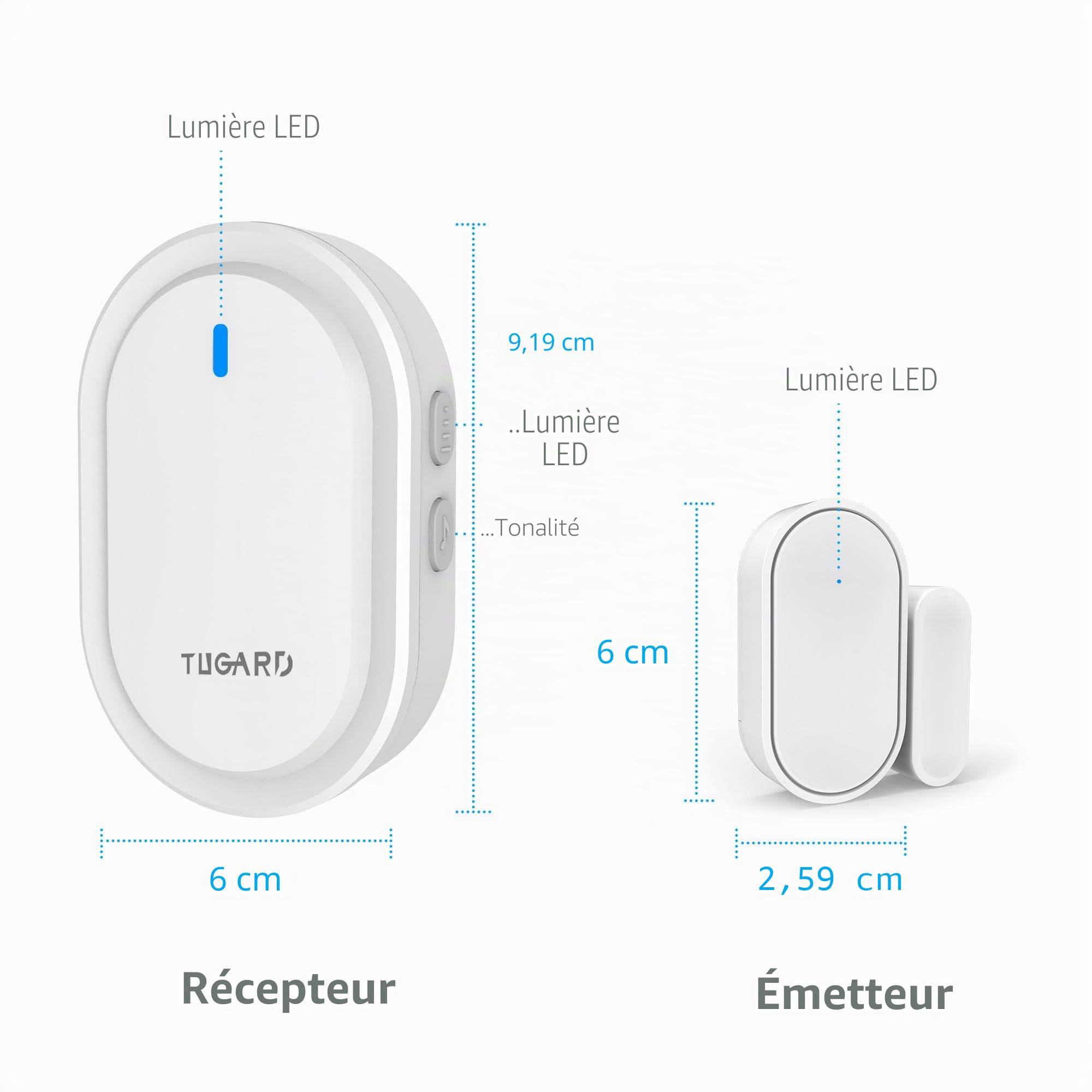 Détecteur sans Fil de Sonnette pour Portes et fenêtres, 39 rapports, 2 sonnettes d'alarme 4 Paires de capteurs pour Portes, système d'alarme pour la sécurité à la Maison, Blanc