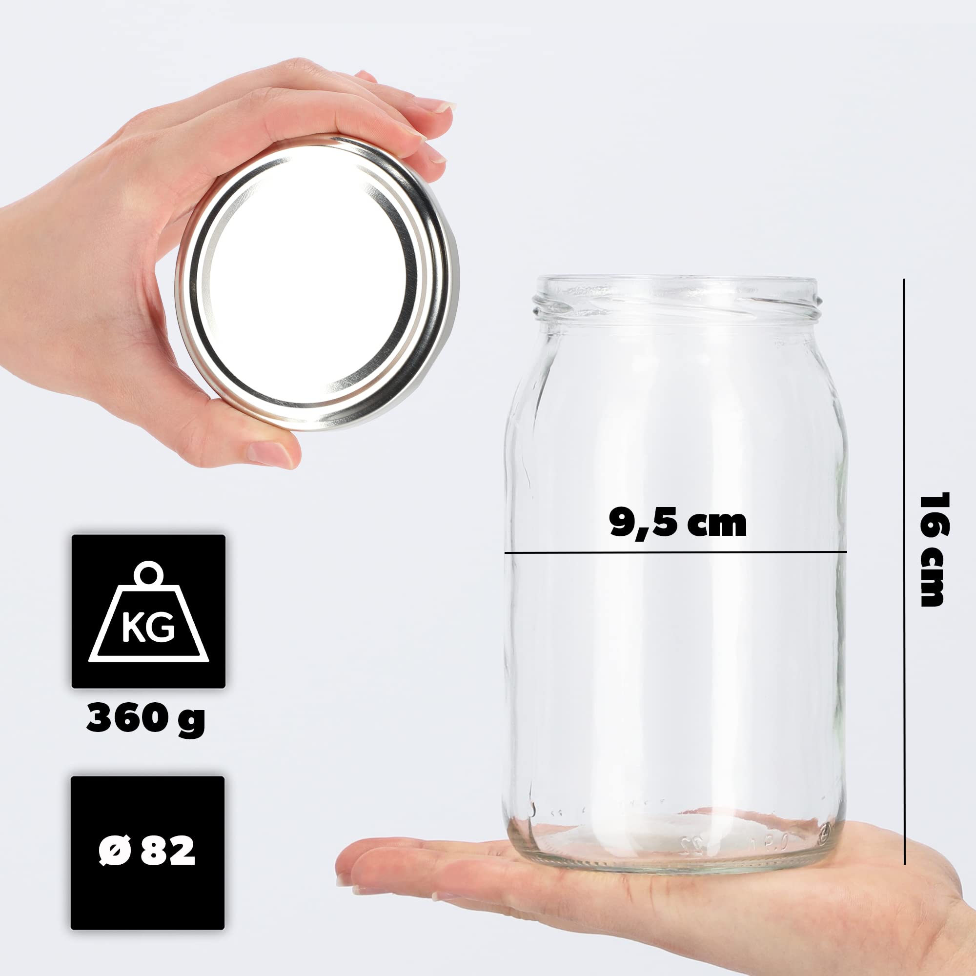 KADAX grandi barattoli in vetro 900ml Ø82 argento – tappo a vite ermetico, per conserve, sottaceti, verdure lacto-fermentate e marmellate fatte in casa