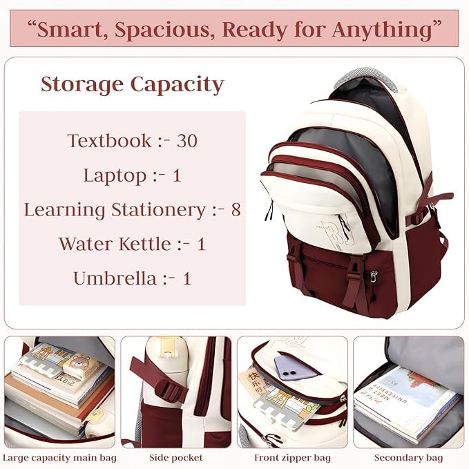Image of Girls School Backpack with Small Zipper Pouch Fashion Nylon Backpack Multi Compartment Large Capacity Bag with Padded Shoulder Straps & Handle for School Travel Camping College