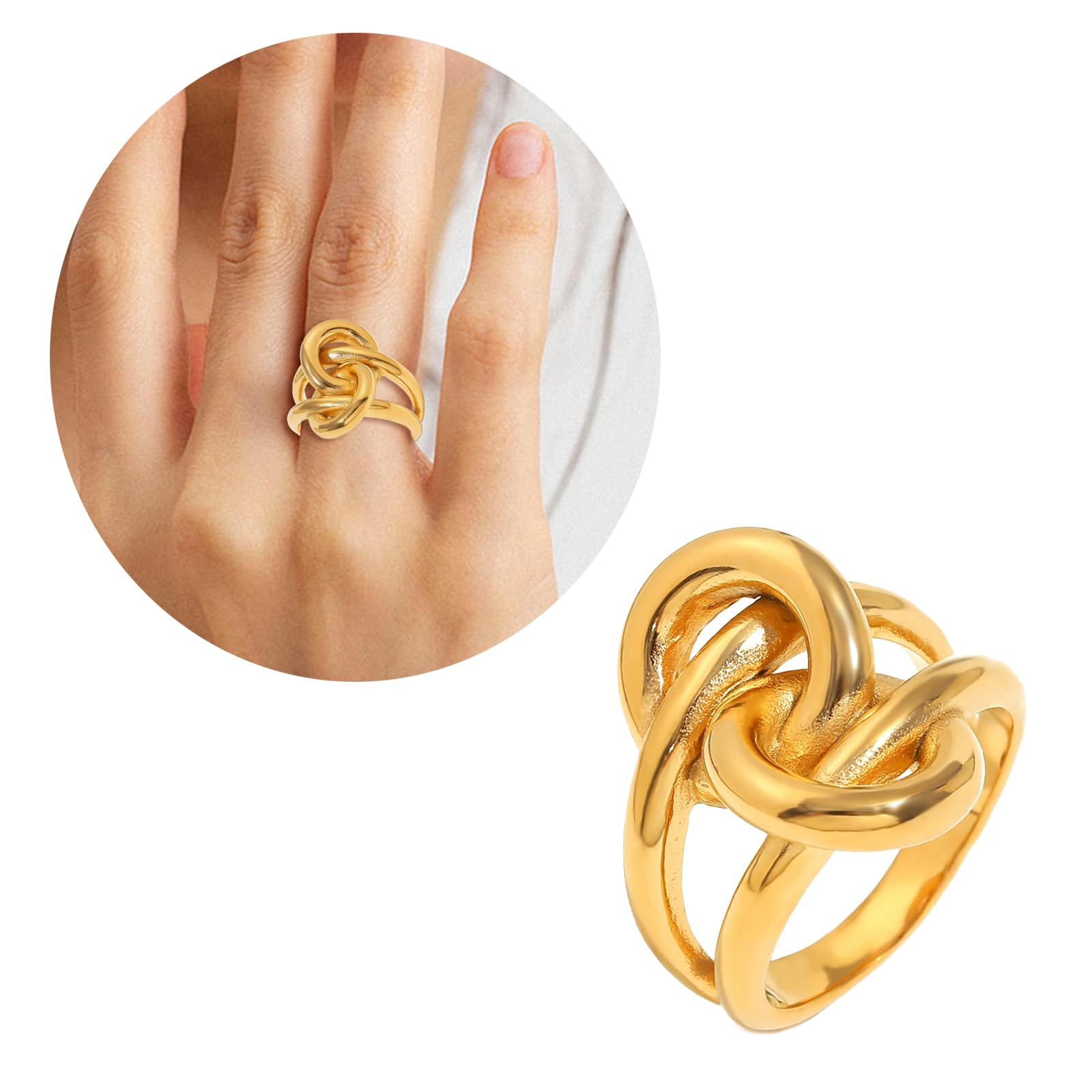 Doppelschichtige Knotenringe aus 18 Karat vergoldeten, robusten Edelstahlmaterialien für moderne Damen Freizeitkleidung Geometrische Knotenringe