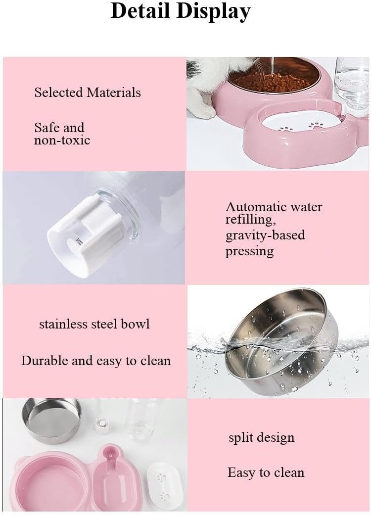 Dog and Cat Double Bowl Set with Automatic Water Dispenser, Stainless Steel Non-Drip Drinking Basin, Anti-Tipping Pet Feeder, 550ML, Bear Shape (Purple)