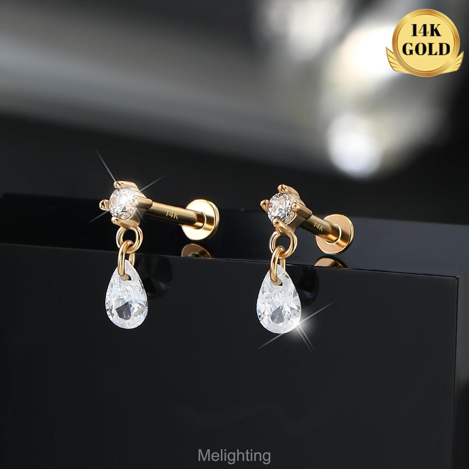 MeIighting 14K Solid Gold Helix Earring Clear CZ, Dangle Internal Thread Flat Back Earring, Teardrop Heart Round Cartilage Tragus Conch Piercing Jewelry for Women 6/8 mm - Image 7