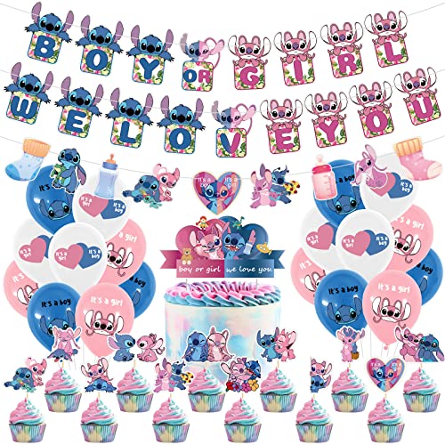 33Pcs Gender Reveal Decorations, Lilo And Stitch Baby Gender Reveal Party Supplies, Includes Boy Or Girl Banner, Cupcake Toppers, Cake Topper, Balloons, Banner For Baby Shower Party Decorations #TOP1