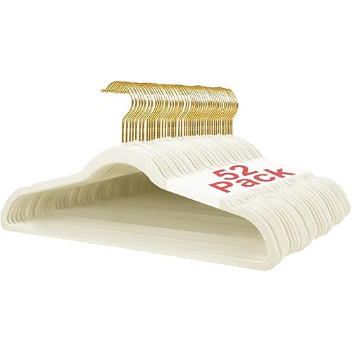 52 Packs Velvet Clothes Hangers, 17.3 Inches Non-Slip Skirt and Dress Hangers With Shoulder Notches, Space Saving for Adults - Cream With Gold Hook