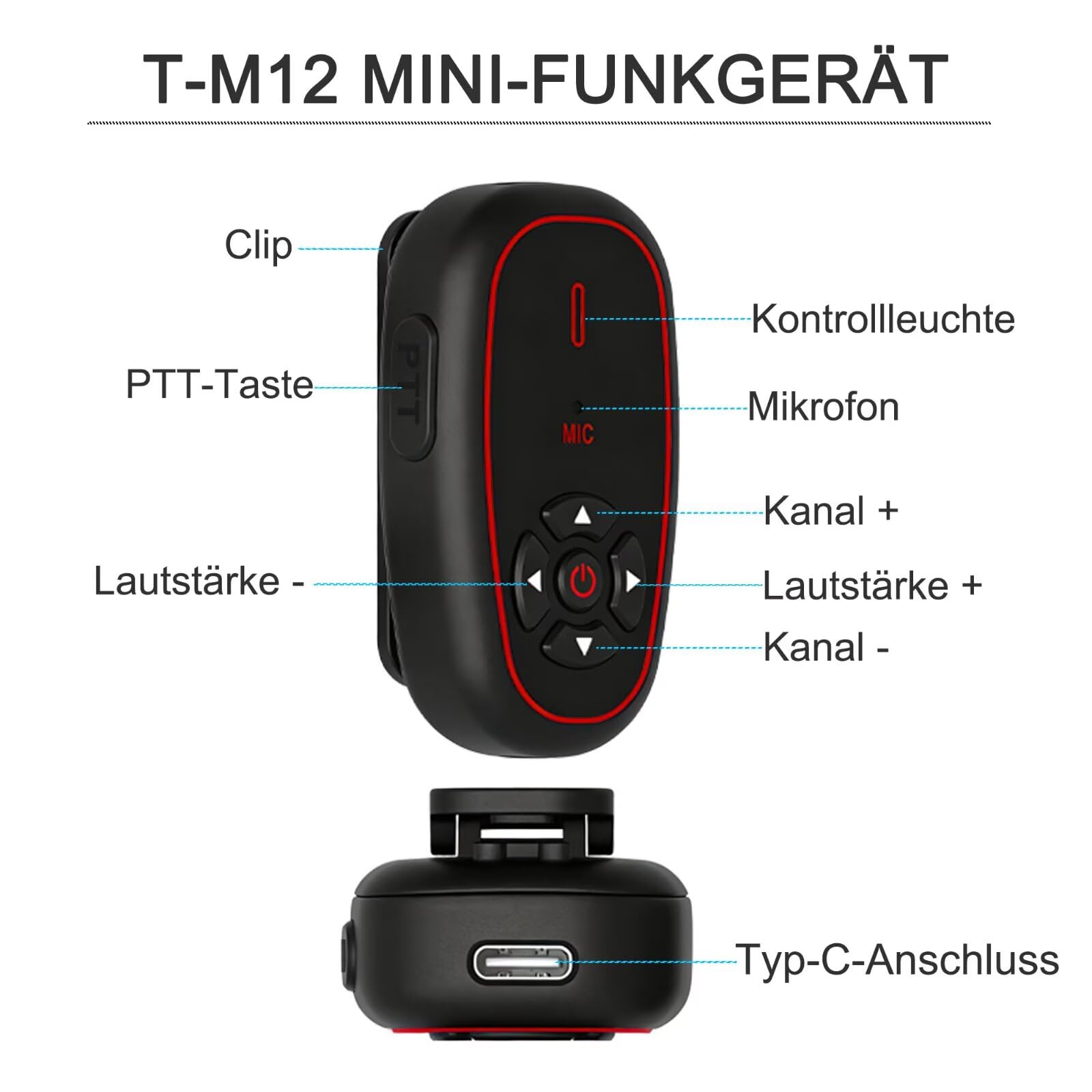 T-M12 Super Mini Walkie Talkies mit Headsets KI-Sprachsteuerung | Hände frei, Wiederaufladbarer Typ-C, 16 Kanäle, 28g Leicht Funkgerät Für Familienreiten Restaurants Outdoor-Sport, 2 Stück