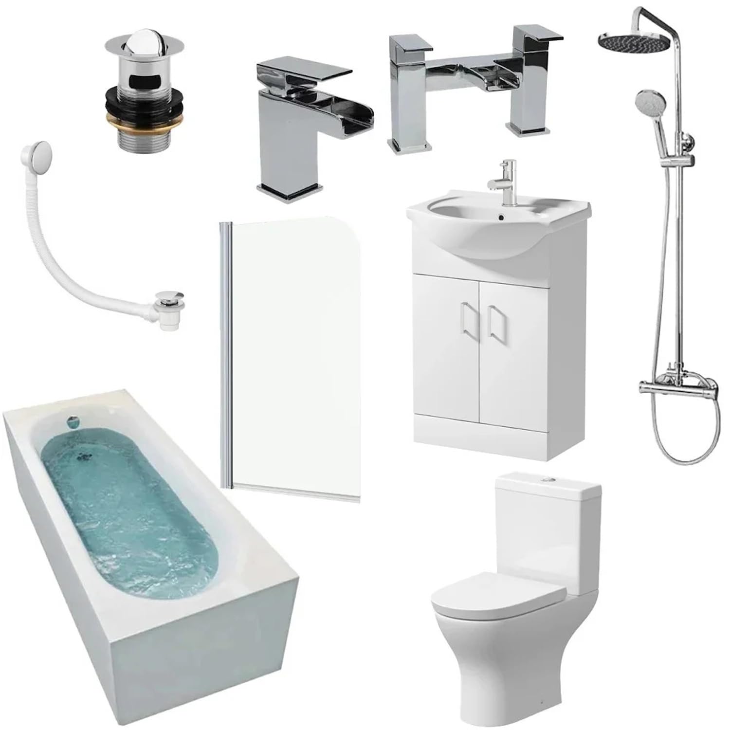 Baystone White Complete Bathroom Suite With 1700Mm Bath, Curved Over Bath Screen, Basin Vanity Unit, Close Coupled Wc, Shower Set, Basin & Bath Mixer Taps + Wastes