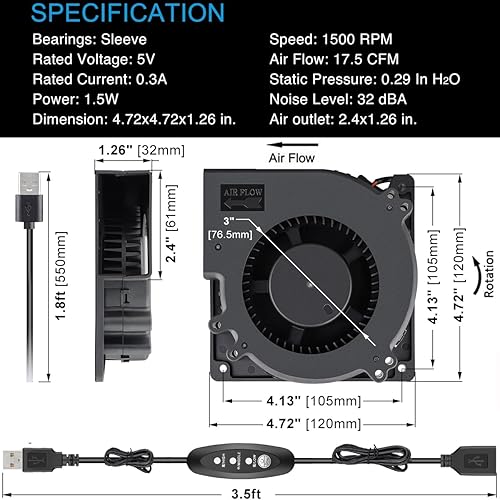 Miniatura 6 de GDSTIME Ventilador de ventilador USB de 4.724 in x 1.260 in con control de velocidad, ventiladores centrífugos de CC sin escobillas de 5 V para