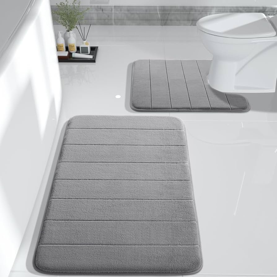Yimobra Memory Foam Bath Mat Set, 2 Piece Soft Bathroom Rugs, 31.5x19.8 and 24x20.4 U-Shaped Bathroom Rugs, Toilet Mat, Water Absorption, Non Slip, Thick, Dry Fast for Bathroom Floor Mats, Grey