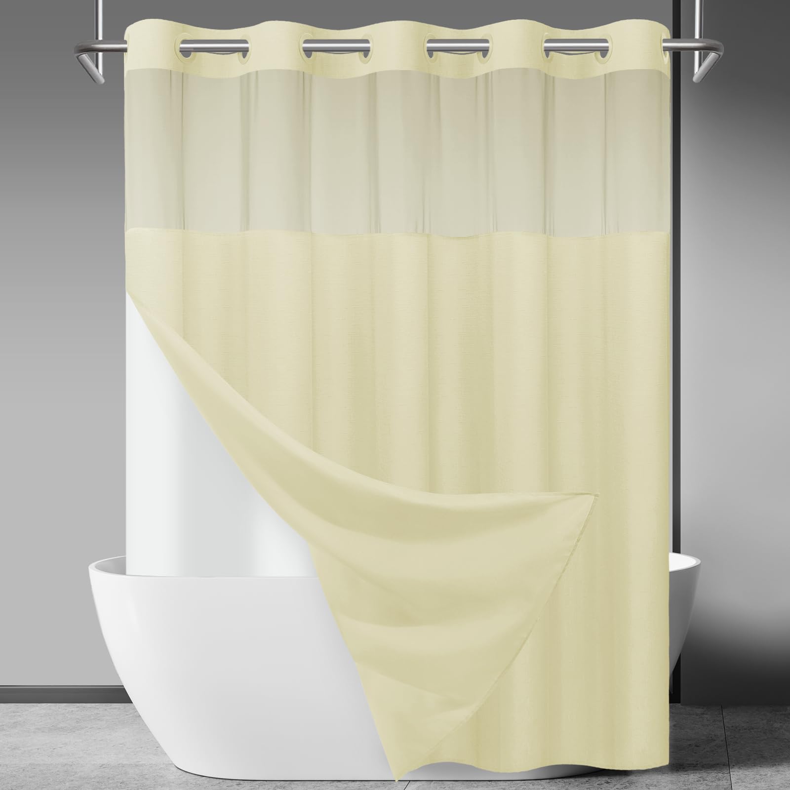 SORTTO Ringless Slub Shower Curtain with Snap in Liner, 71x74, Sand | 3 in 1, Woven Texture, Hotel Style, Water Repellent, Mesh Top Window, Corner
