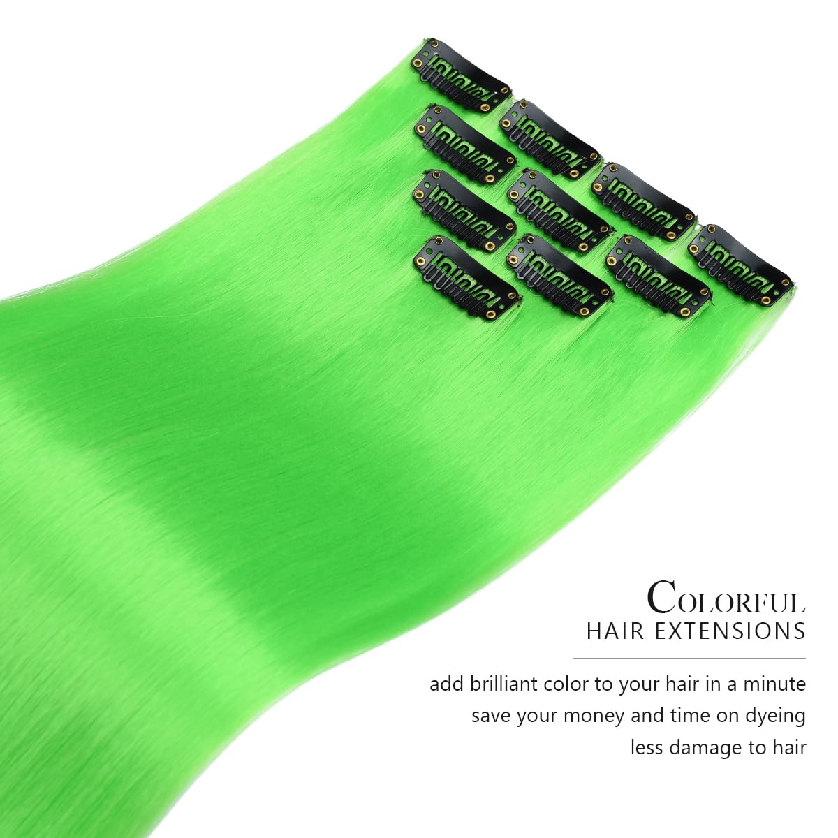 Yamel Colored Hair Extensions 10 Pieces 20 inch Grass Green Clip in Hair Extensions for Women Synthetic Straight Hairpieces for Christmas Costume Party - Image 2