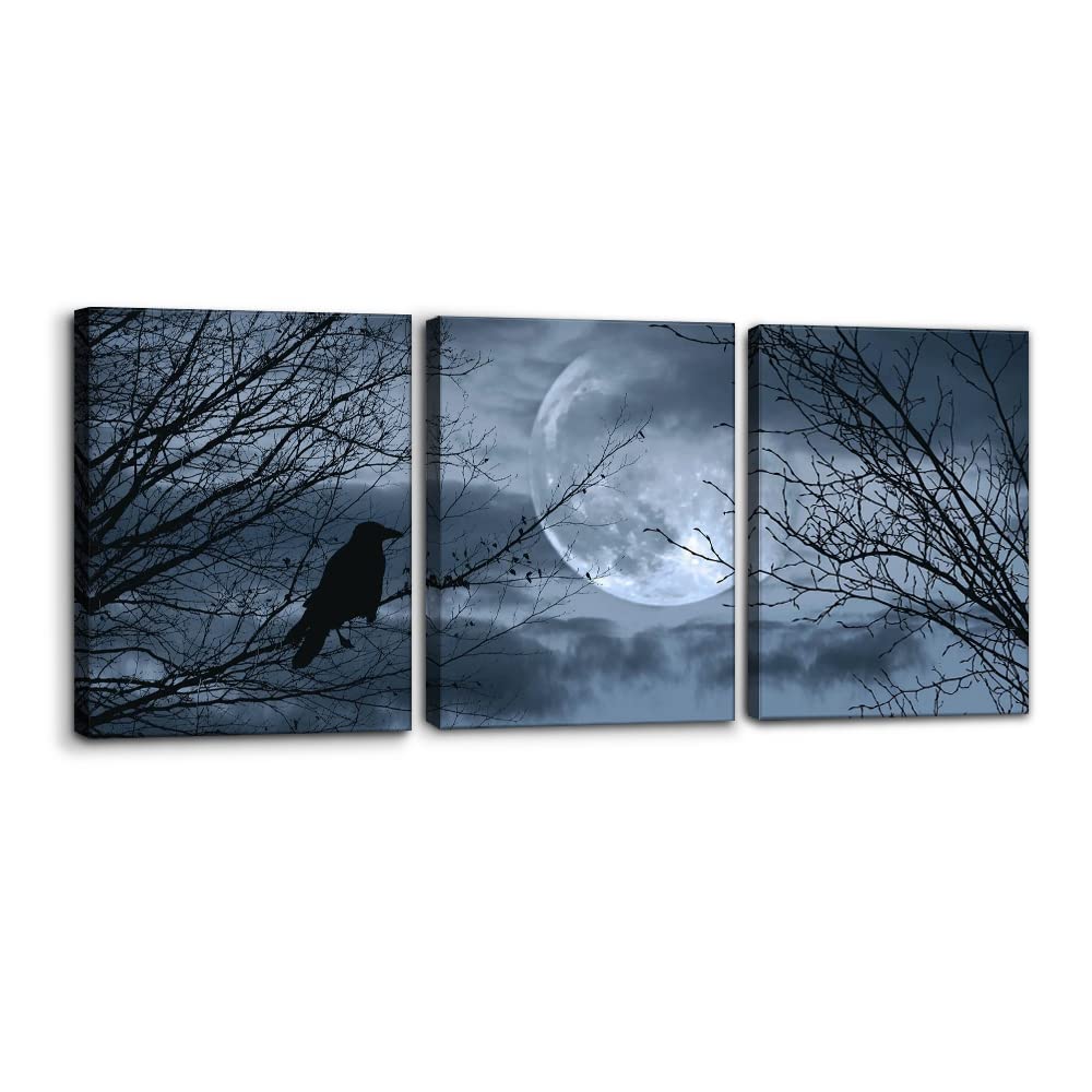 Pacimo 3 Pieces Canvas Art Wall Decor Full Moon Halloween Pictures Black and White Wall Art Painting Prints on Canvas Modern Artwork Stretched and Framed Ready to Hang - 12" x 16" x 3