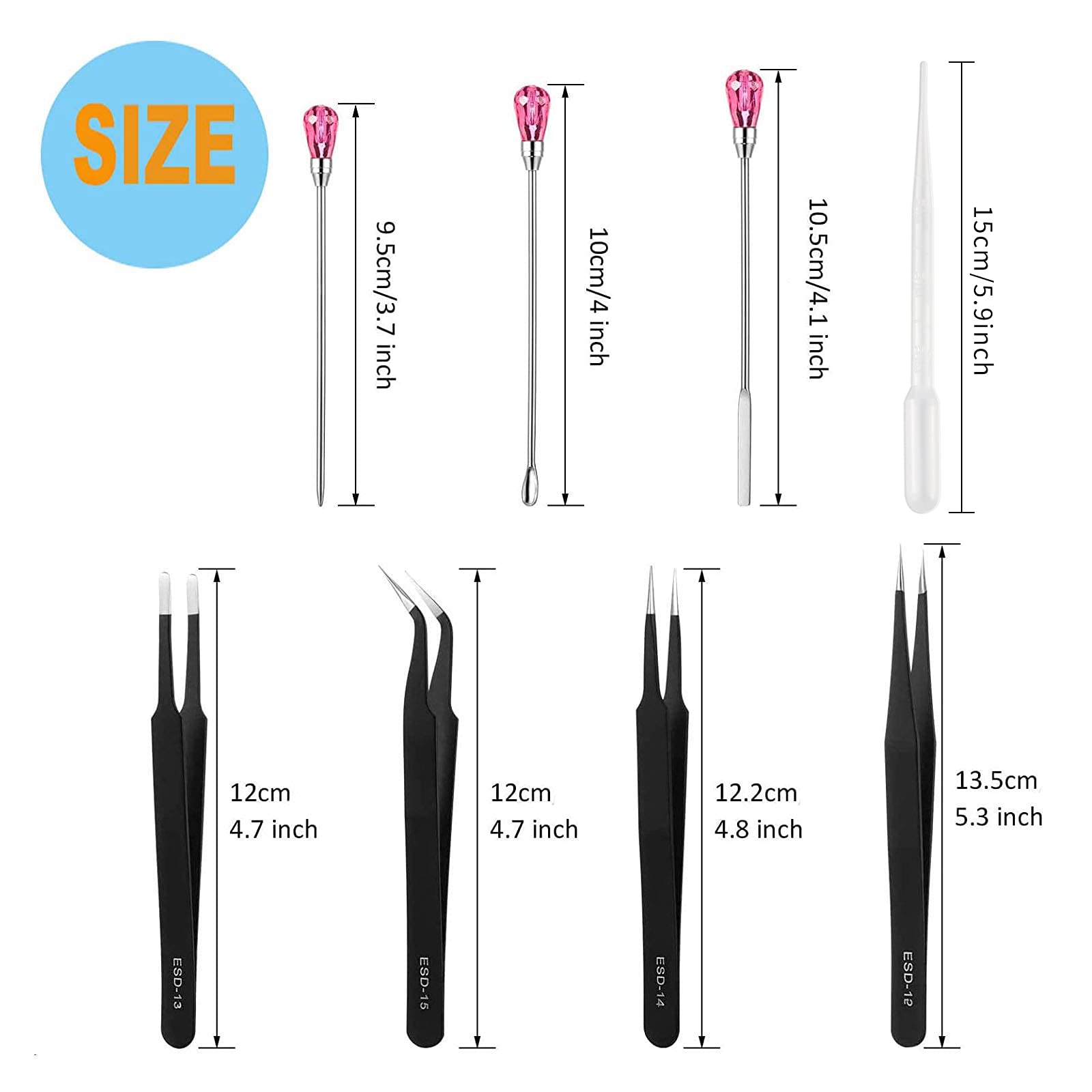 Juego de 11 herramientas de molde de resina de silicona, pinzas para hacer joyas, herramienta de cuchara de aguja agitadora, pinzas antiestáticas de acero inoxidable ESD, juego de precisión para