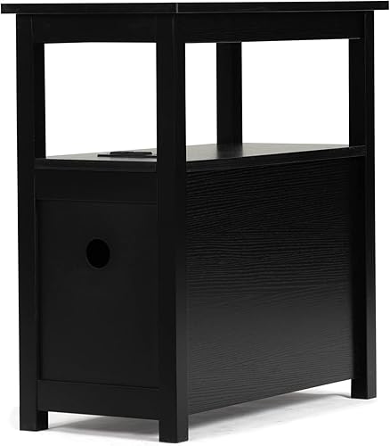 Mesa auxiliar con estación de carga, mesa auxiliar estrecha para sofá, mesita de noche de madera, muebles de sala de estar, negro