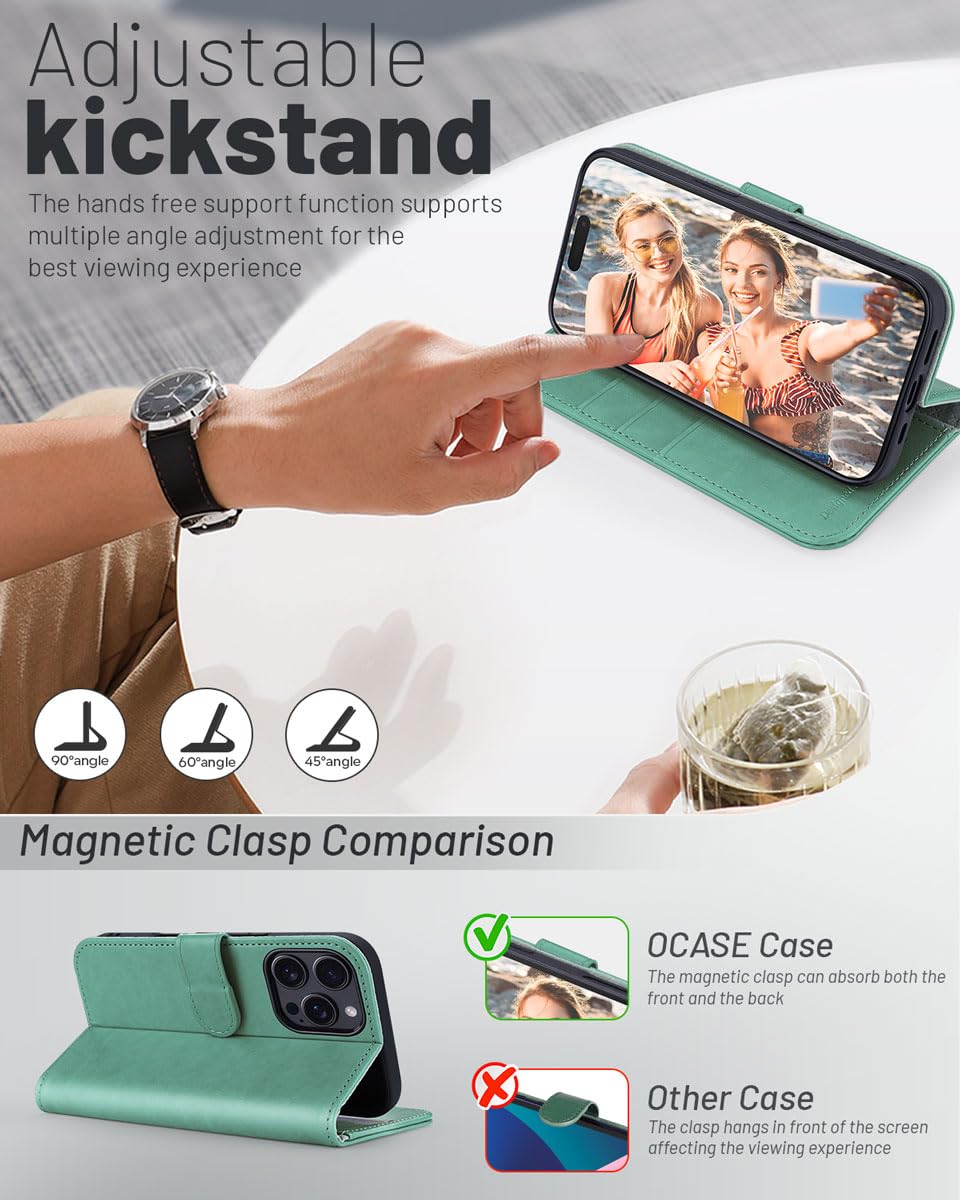 OCASE for iPhone 16 Pro Case, PU Leather Wallet, Magnetic Flip Folio Cover with RFID Blocking, Card Holders, Shockproof TPU - Image 4