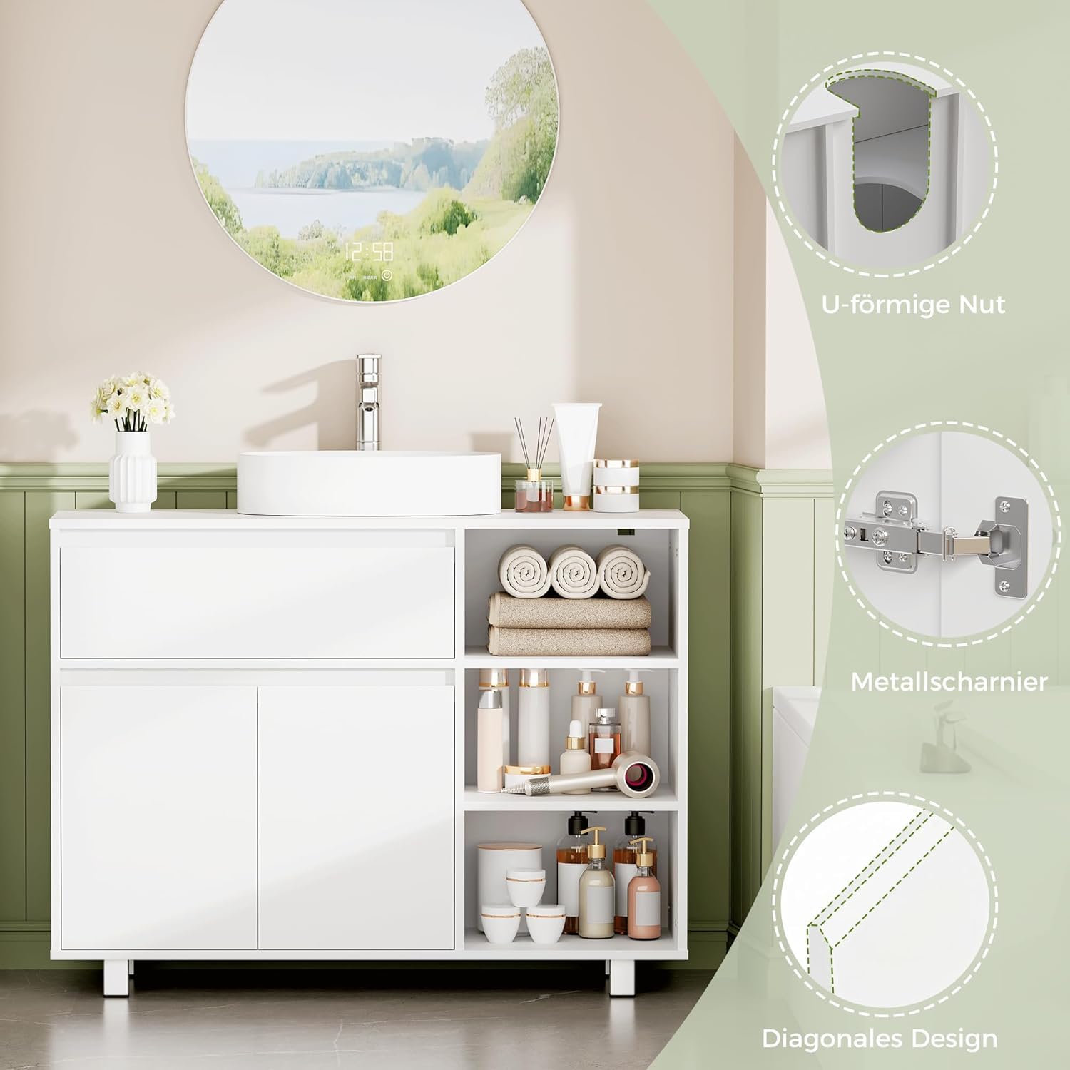 ANWBROAD Waschbeckenunterschrank, Badezimmerschrank mit 2 Schranktüren 3 Verstellbare Offene Regalböden,1 Verdecktes Staufach, Unterschrank Waschbecken mit Füßen,30 x 90 x 64,5 cm Weiß SSC001W