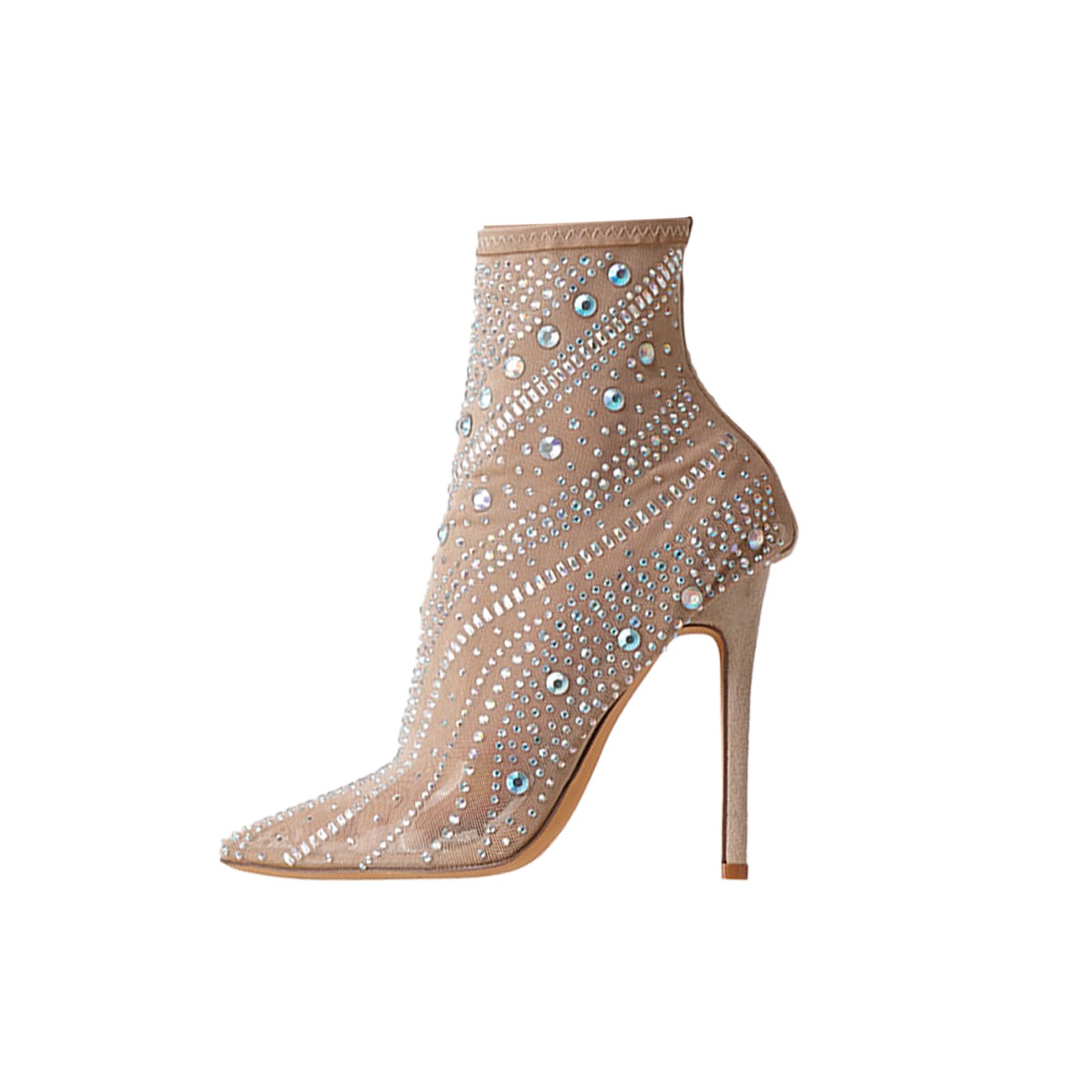 Womens Mesh Rhinestone Stiletto Booties Sexy Pointed Toe Lightweight Breathable Hollow High Heel Ankle Booties For Party Prom