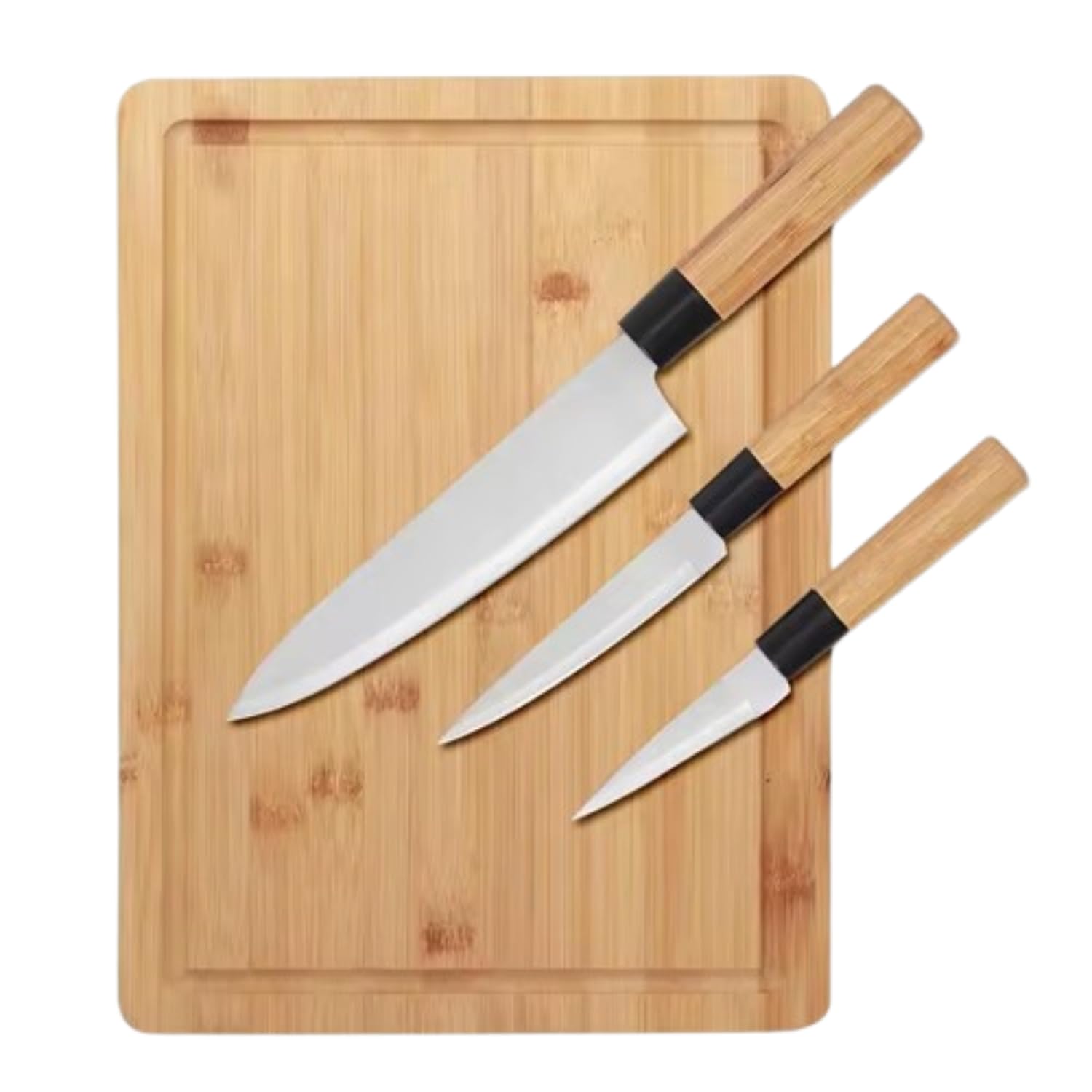 Tabla Cortar Cocina Madera con Set de 3 Cuchillos Profesional. Juego de Utensilios de Cocina Incluye Tabla de Cortar Cocina Madera de Bambú de 35x25x1cm y Cuchillos Ideal para Picar y Cortar Alimentos