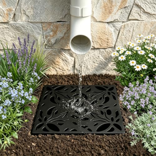 AETHERGROVE Downspout Splash Block 12 Square Heavy Duty Rain Diverter for Dispersing Water from Gutter - No Anchor Needed - Decorative Design - Saves Lawn or Flower Beds 2 Pack (Black)