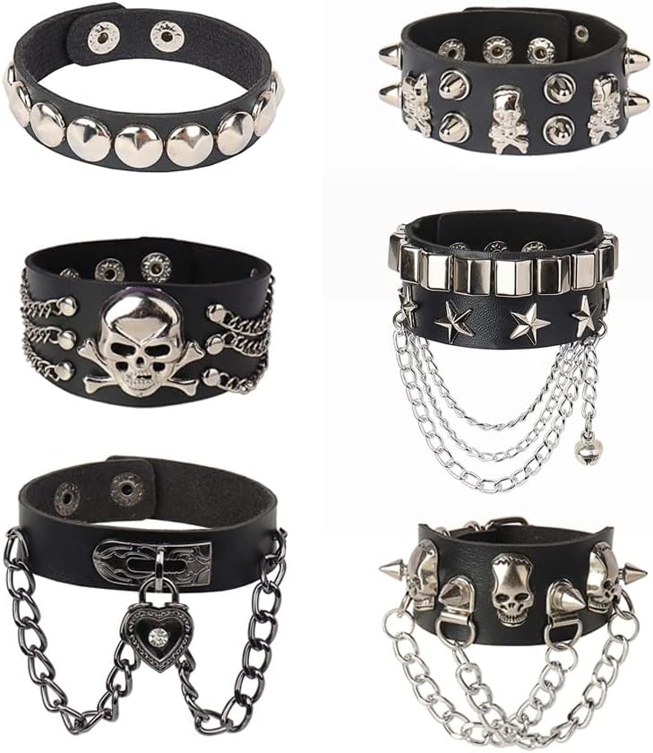 6 Pieces PU Leather Bangle Punk Bracelet Adjustable Goth Skull Cuff Bracelet Gothic Rivet Buckle Wristband for Men Women