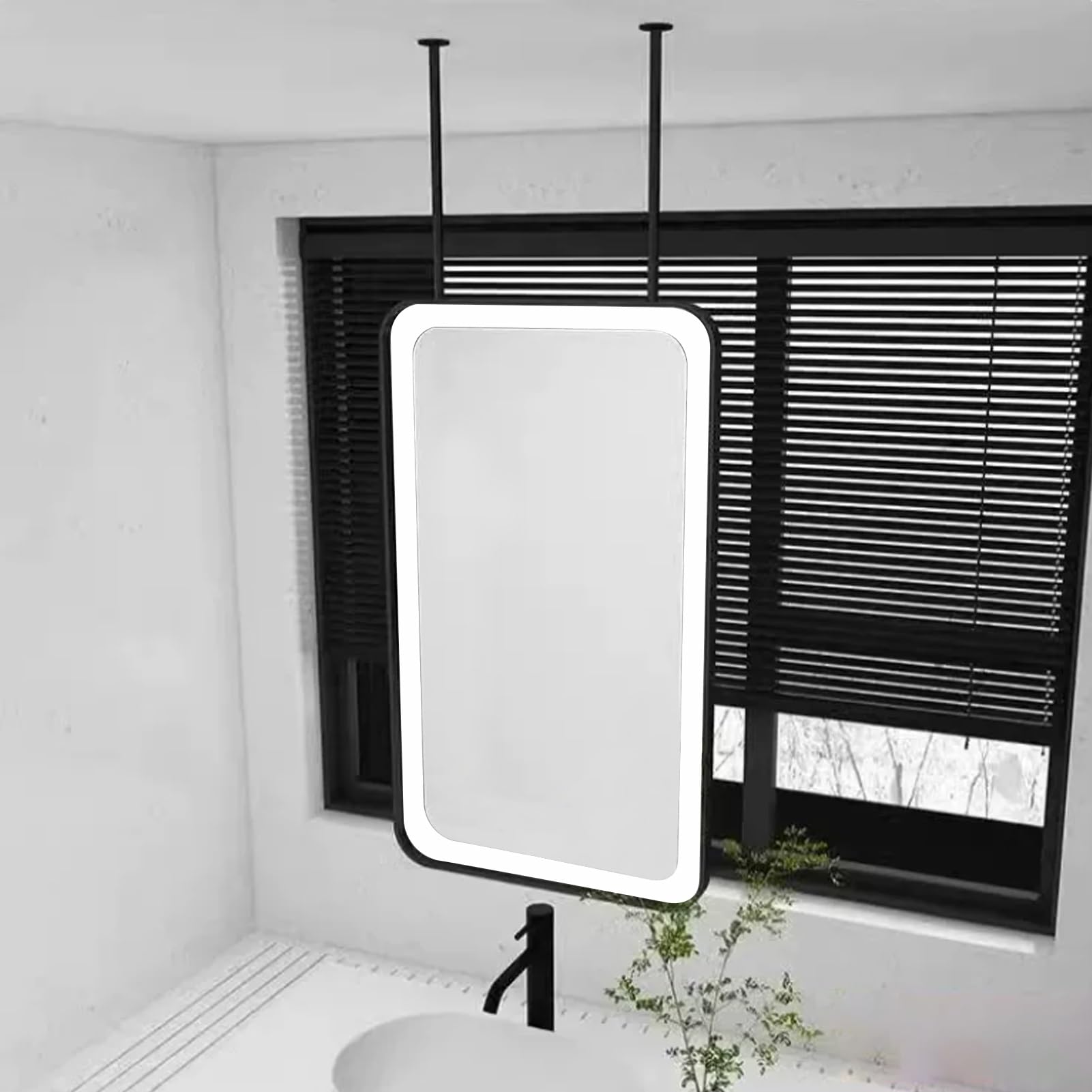 FGXHHS Rectangle Ceiling Mounted Mirror｜Black Metal Frame Bathroom Wall Mirror with Hanging Rod｜Floating Vanity Make-up Suspended Mirrors for Farmhouse，Restroom，Entryway(40cmx60cm)