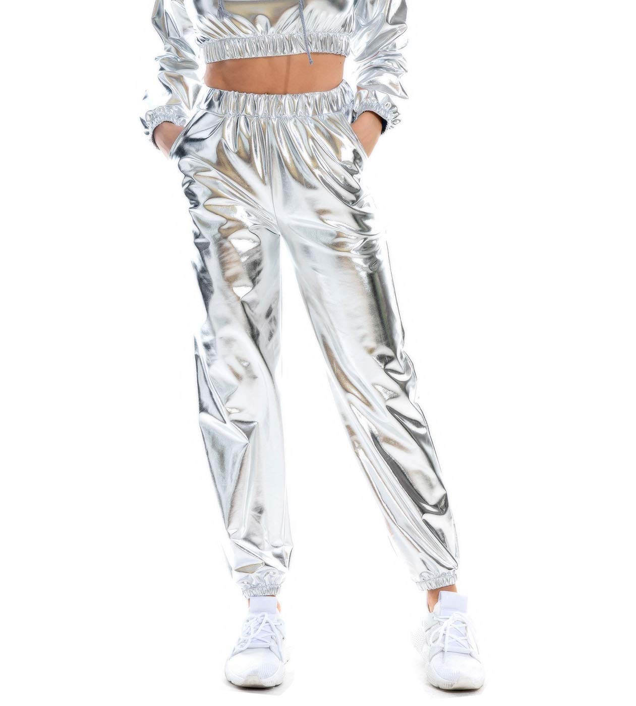 SIAEAMRG Womens Shiny Metallic High Waist Stretchy Jogger Pants, Wet Look Hip Hop Club Wear Holographic Trousers Sweatpant
