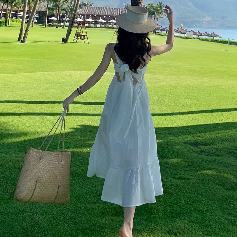 Amazon.co.jp: ストラップ付きの白い夏の背中の開いたドレス,女性の  