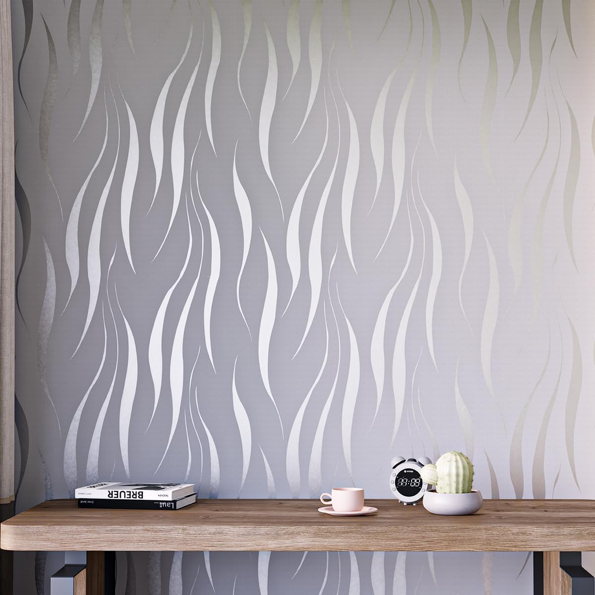 mamonhome Silver Gray Self Adhesive Removable Wallpaper Peel and Stick Wallpaper, 20.8" x 393" 3D Modern Water Waves Fashion Non-Woven Wallpaper for Livingroom, Bedroom, Kitchen, Bathroom.