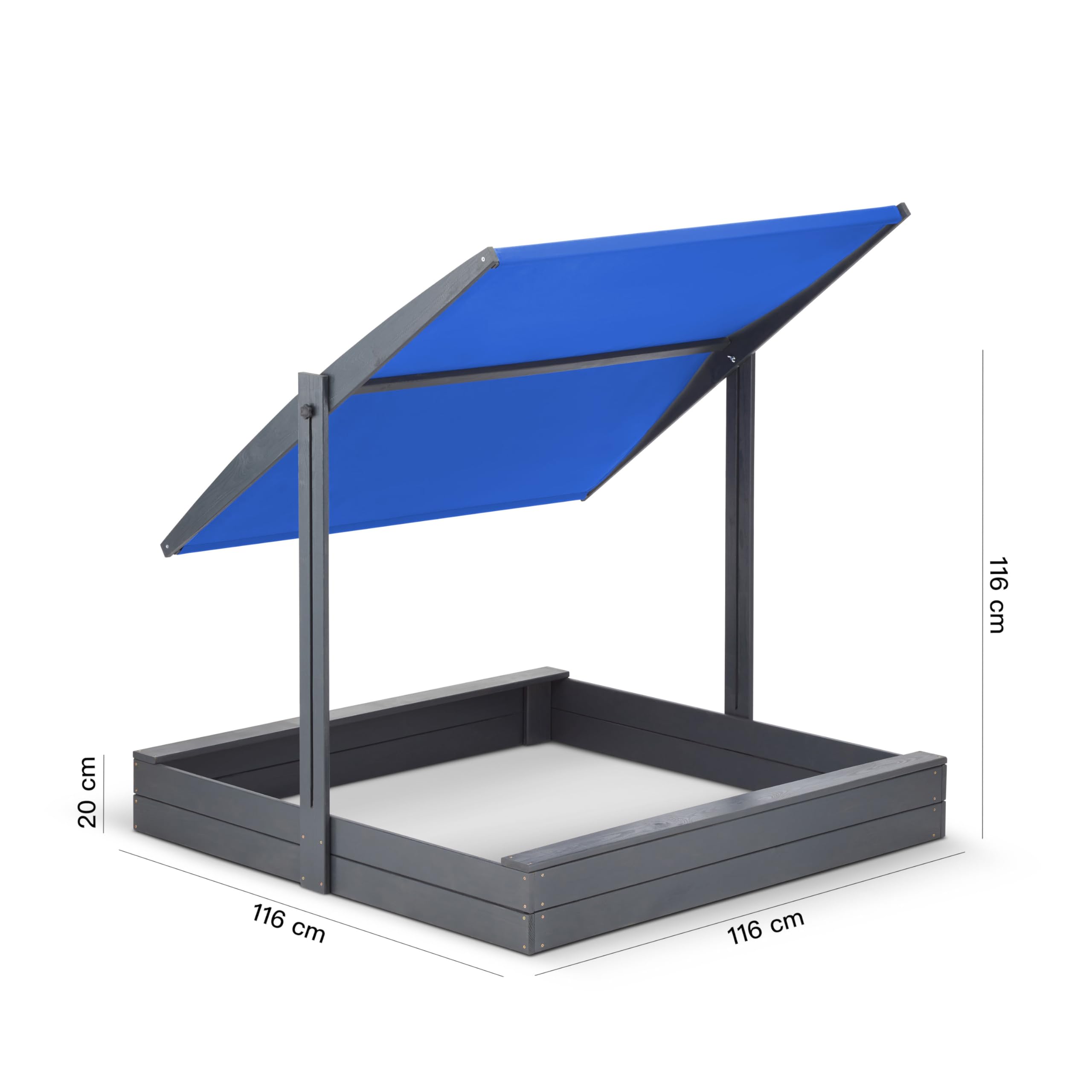 Sandkasten mit Dach 120x120 Imprägniert Modell 2025 mit Sonnenschutz mit UV 100+ Schutz Sandbox mit Sandkastenvlies Holz, Sandkiste Sandbox Anthrazit (120x120 Dach Blau)