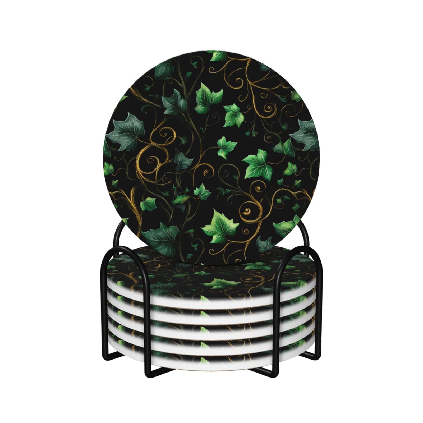 Green Ivy Herbs On Black Ceramic Coasters with Holder 6ps