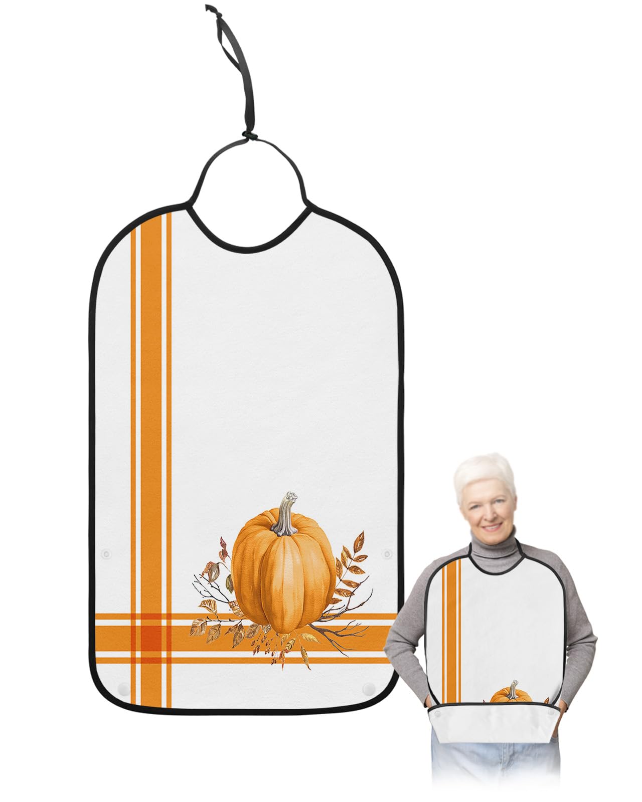 Orange Pumpkins Fall Adult Bibs for Eating, Waterproof Bibs with Food Catcher & Adjustable Snap Closure, Thanksgiving Maple Leaf Orange Striped Clothing Protectors Adult Bibs for Elderly Women/Men