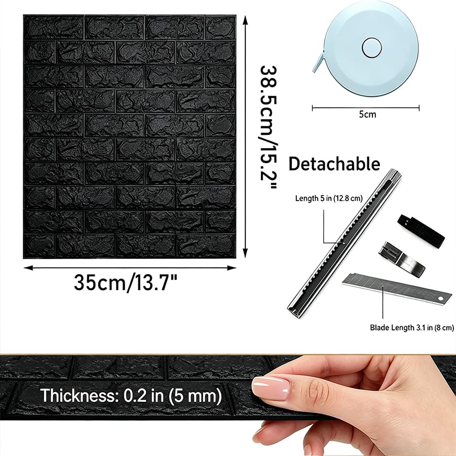 Paneles de pared de espuma 3D autoadhesivos extraíbles, revestimiento de piedra sintética negra 3