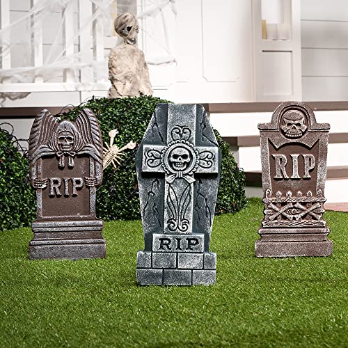 Image of JOYIN 17 inch Halloween Foam RIP Graveyard Tombstones (5 Pack), Halloween Tombstones Outdoor Decorations for Graves Decorations with 12 Metal Stakes for Cemetery Yard Lawn Party Decor