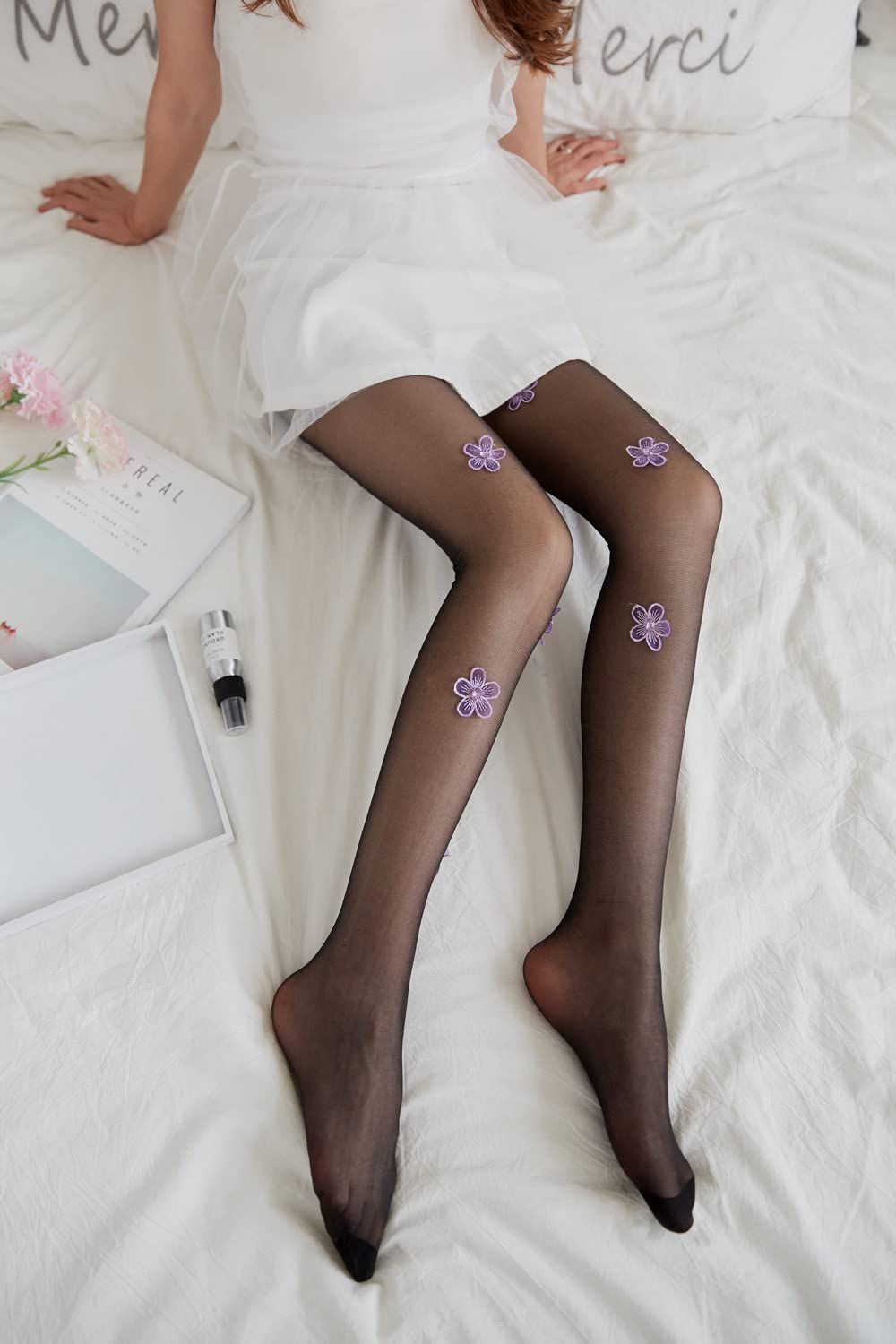 Calze a Rete da Donna Calze da Donna Sexy con Fiori Ricamati alla Moda Calze Trasparenti Traforate Calze a Compressione Sottili (Nere) (Nero Q)