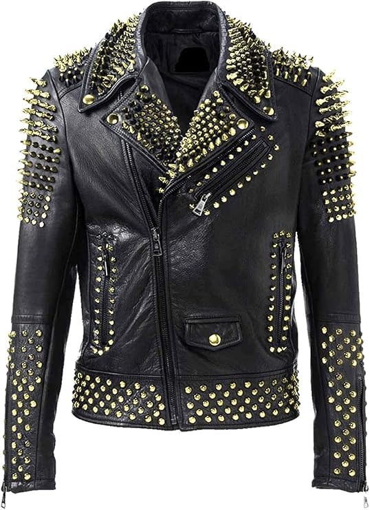 Men's Brando Black Golden Studded Leather Jacket - Punk Rock Silver Spiked Vintage Motor Biker Studded Jacket