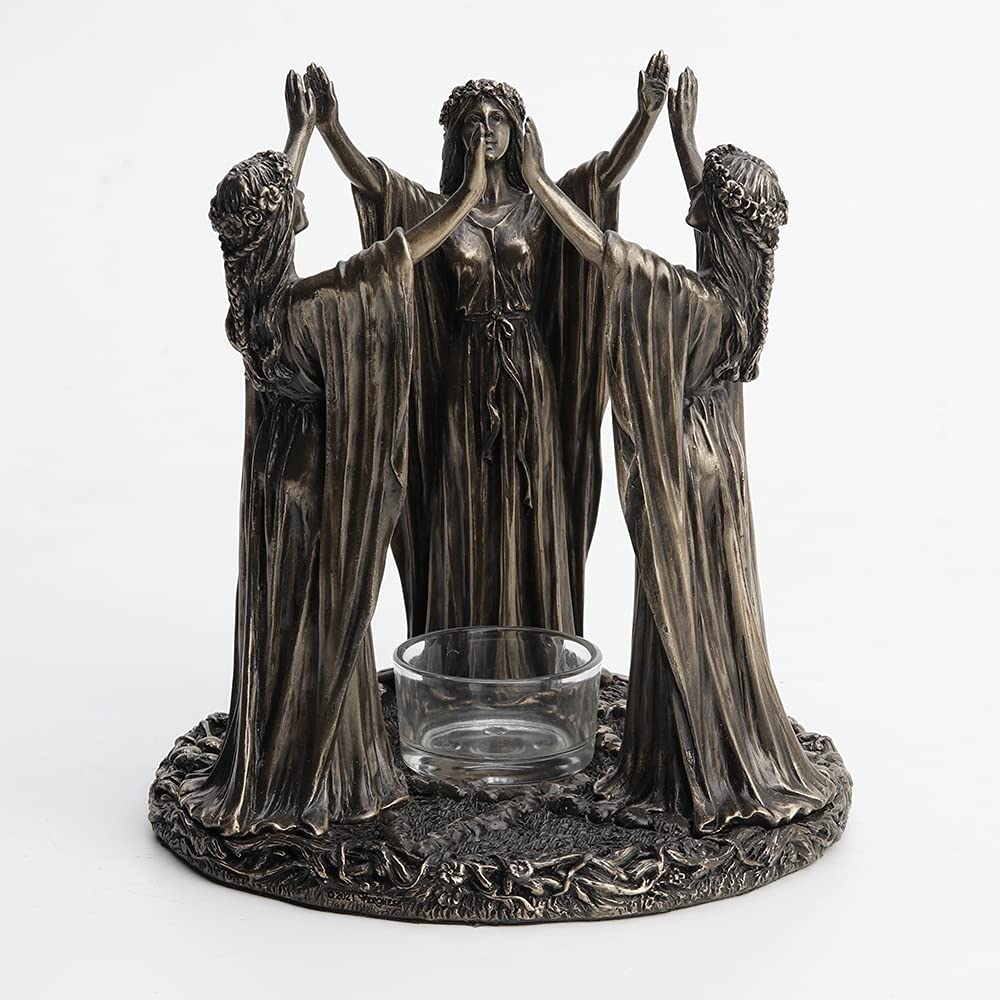 Veronese Design 6 3/4 Pollice Alto Tripla Luna Dea Maidens Rituale Candela Tealight Titolare Freddo Cast Bronzato Resina Scultura Wiccan Alter Figurine Home Decor New Age Religioso Da Collezione