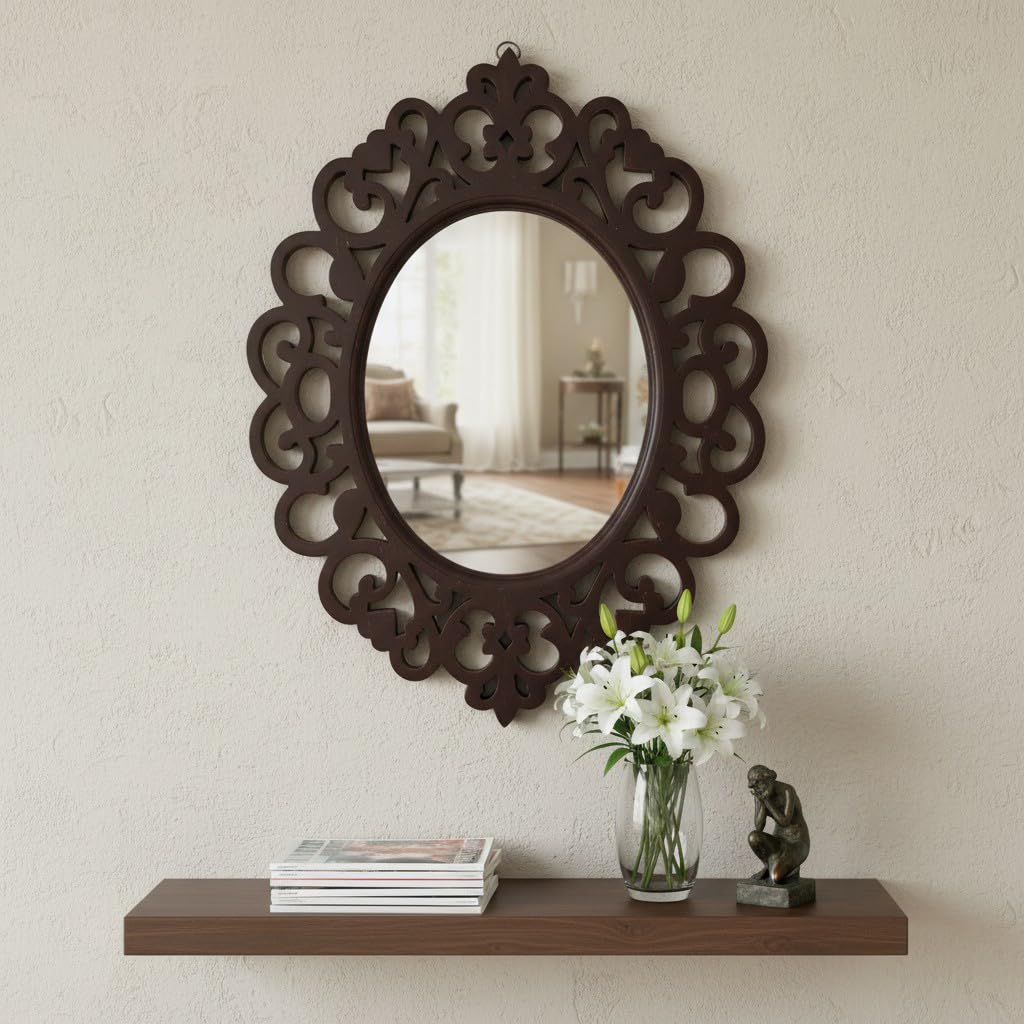 THE URBAN STORE Wall Mirror Wooden Walnut Color 18"x14" Pack of One Victorian Style Elegantly Hand Crafted Floral Carving Mirror for Home and Office Décor TUSMR47-image-36