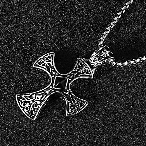 Große Schwarze Naturstein-Kreuz-Anhänger-Halskette für Herren, großes Malteserkreuz, Schwarze Strass-Mitte