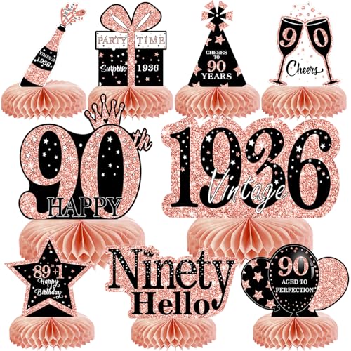Image of 9Pcs 90th Birthday Decorations Honeycomb Centerpieces for Women, Rose Gold Pink Happy 90th Birthday Centerpieces Tables Toppers Party Decorations Supplies, Vintage 1936 Aged Table Decor