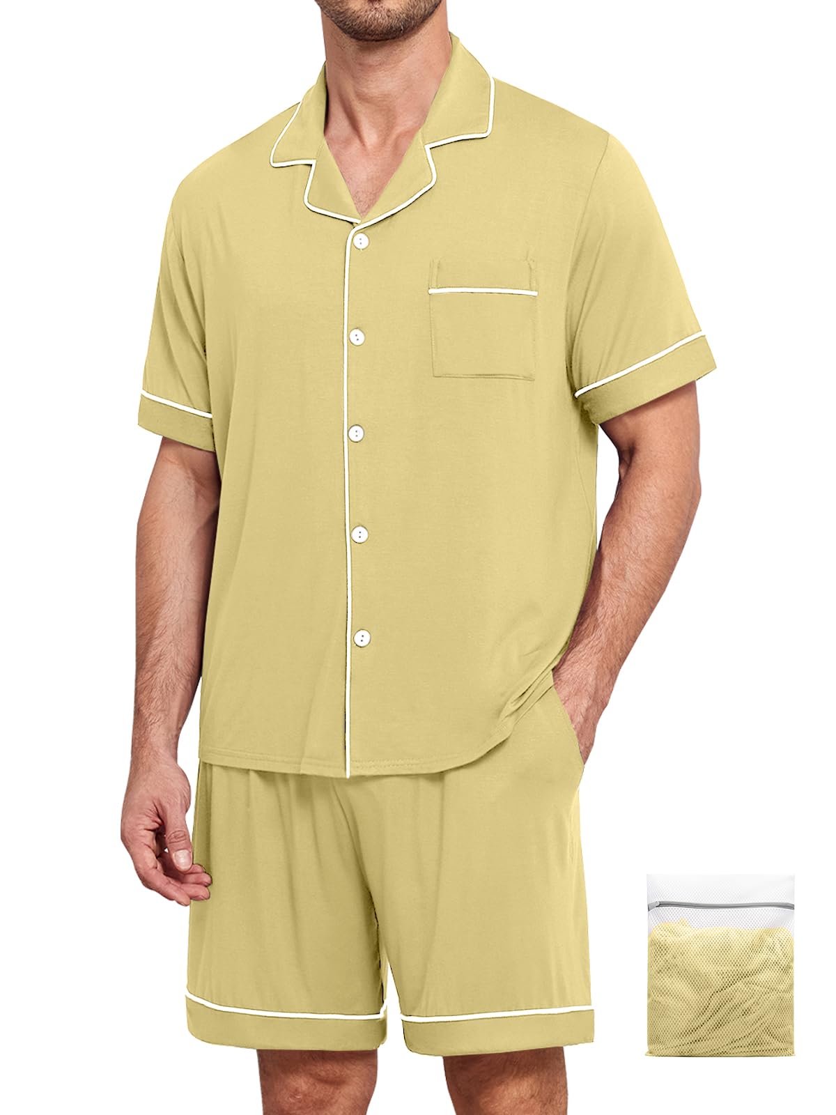 YOPUGEE Mens Pajamas Set Short Sleeve Sleepwear Button Down Loungewear Set Soft Modal 2Pcs Pj Set with Pockets S-3XL