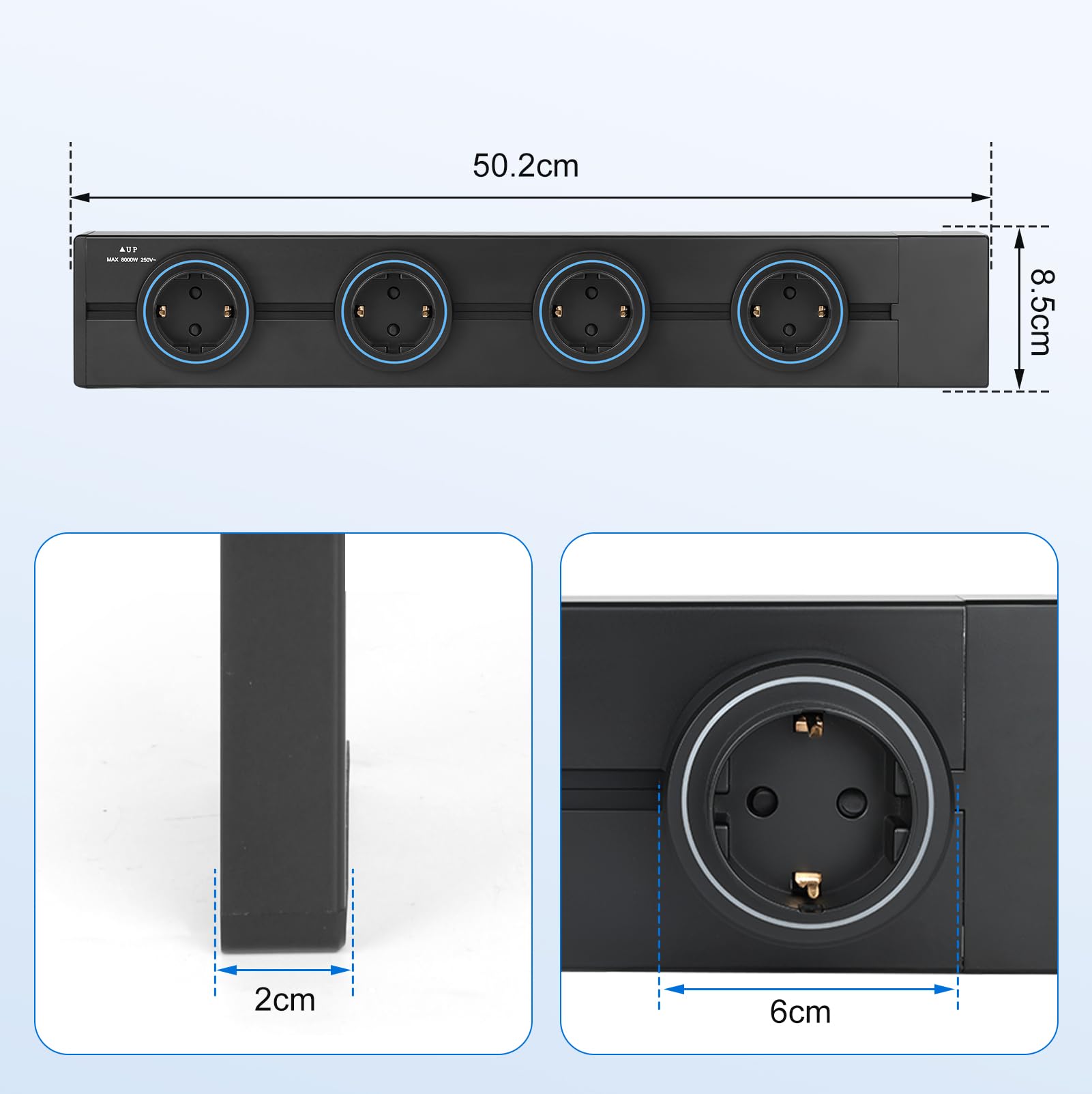 Binario Elettrico Modulare a Parete, Multipresa con 4 Prese Schuko e 2 Porte USB,Estensibile 47-67 cm, Protezione da Sovratensioni 1800J, Installazione Senza Foratura per Soggiorno, Cucina, Ufficio