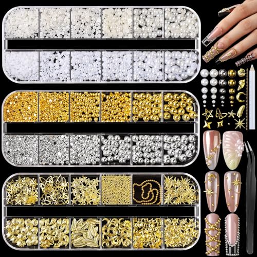 VelvetGlow Gold Nail Gems 3D Star Nail Charms Flatback Pearls White Beige Half Round Silver And Gold Nail Charms Mixed Sizes Pearls For Nails Metal Nail Beads 3D Metallic Nails Art Studs