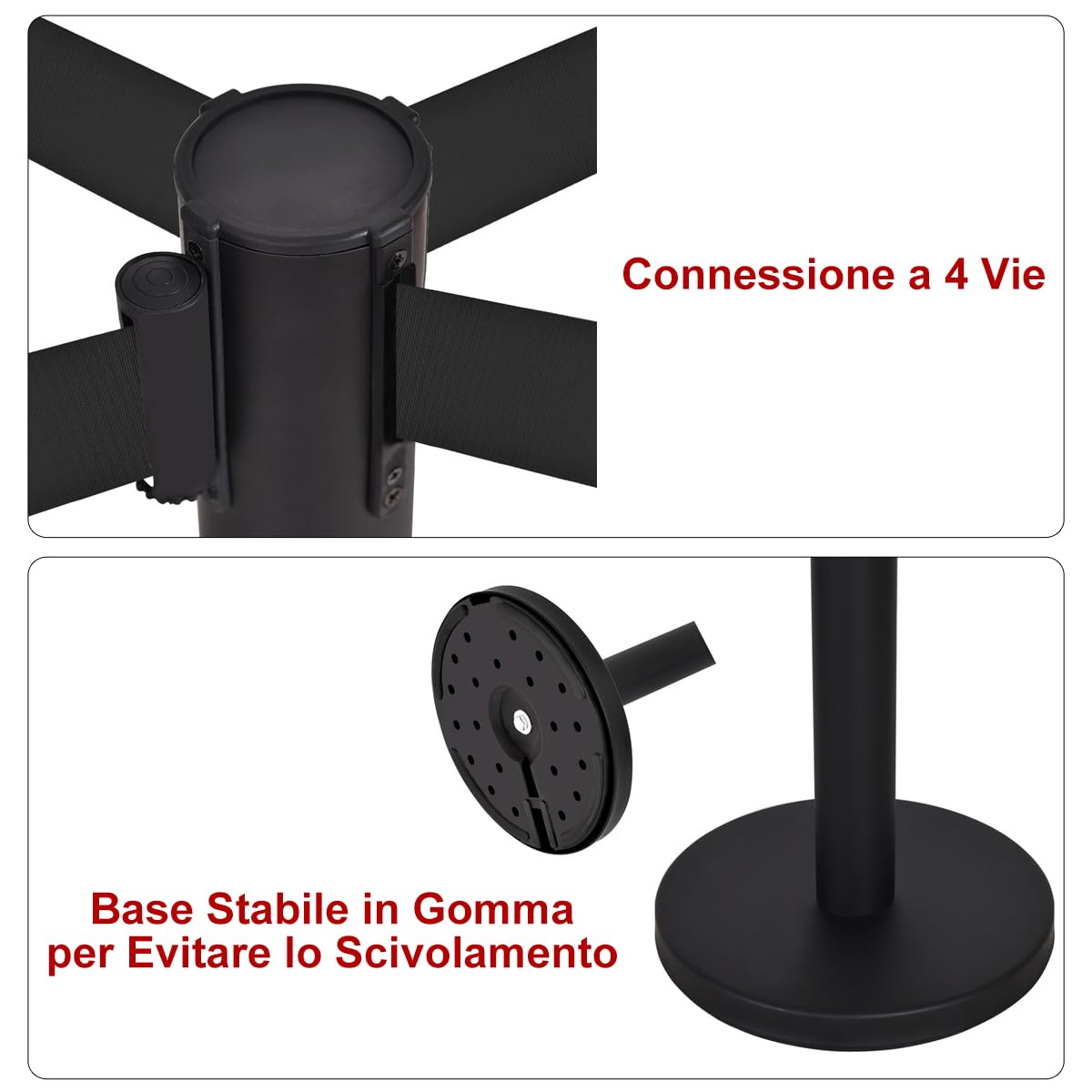 GYMAX Set di 4 Paletti per la Fila d'Attesa Neri con Corda Nera, Paletti di Guida Neri Retrattili con Cintura Retrattile di 2M, Paletti di Separazione Retrattili, Fila d'Attesa, Nero